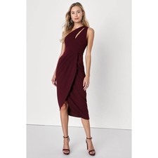 Lulus Dress Burgundy So Flirty One Shoulder Cutout Asymmetrical Midi Size Medium