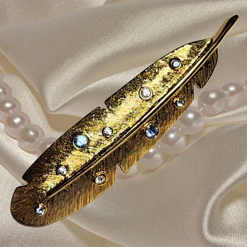 Vintage Monet Brooch Pin Gold Tone Feather with Rhinestone Costume Jewelry