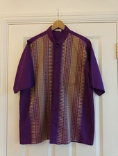 Thai Silk Mens Purple Short Sleeved Embroidered Style Silk Shirt - Size Large