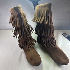 Minnetonka 1638 Calf High Moccasin Brown Suede 3 Fringe Boots W US Size 9 Boho