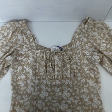 Sienna Sky Womans Midi Dress Beige Floral Puff Sleeve Cottagecore Boho M READ