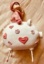 White with pink hearts and little boy toddler resin piggy bank BRAND NEW UNUSED
