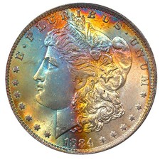 1884-O PCGS MS63 MORGAN $ STRIKING "PQ" VIBRANT RAINBOW TONING (VIDEO}