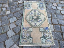 Türkischer Vintage Kleiner Teppich Handgefertigt Wolle Böhmisch Badematte Vorleger 1,4 x 2,8 Fuß