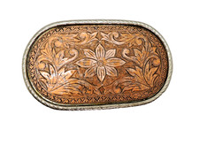 Copper and Silver Tone Belt Buckle Western Style Intricate Floral Design Oval