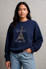 Vintage 90s Paris Eiffel Tower Sweatshirt Blue Embroidered Souvenir Medium