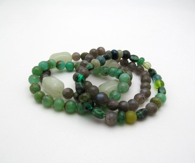 Natural Green Stone Labradorite & Glass Bead Set of 4 Chunky Stretch Bracelet