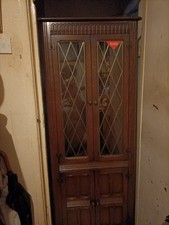 Solid Oak Jackobean Reproduction  Corner Display Cupboard  Dark Oak.Leaded Doors