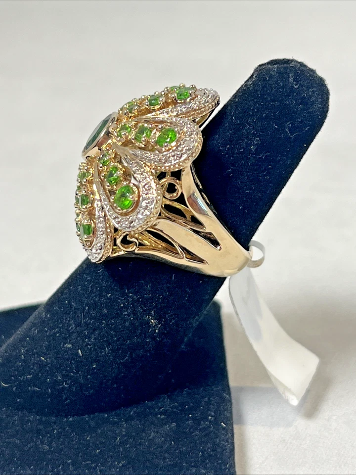 SS/18K Overlay Chrome Diopside and Diamond Large Flower Ring - Size 6 - Image 2 of 4