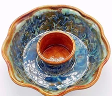 Large Chip and Dip Bowl Server Drip Glaze Studio Pottery Brown Green Signed 13"