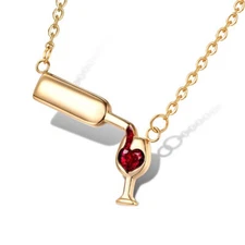 Gold Bottle of Wine w/ Glass Pendant Chain Necklace Jewelry - Cute and Fun