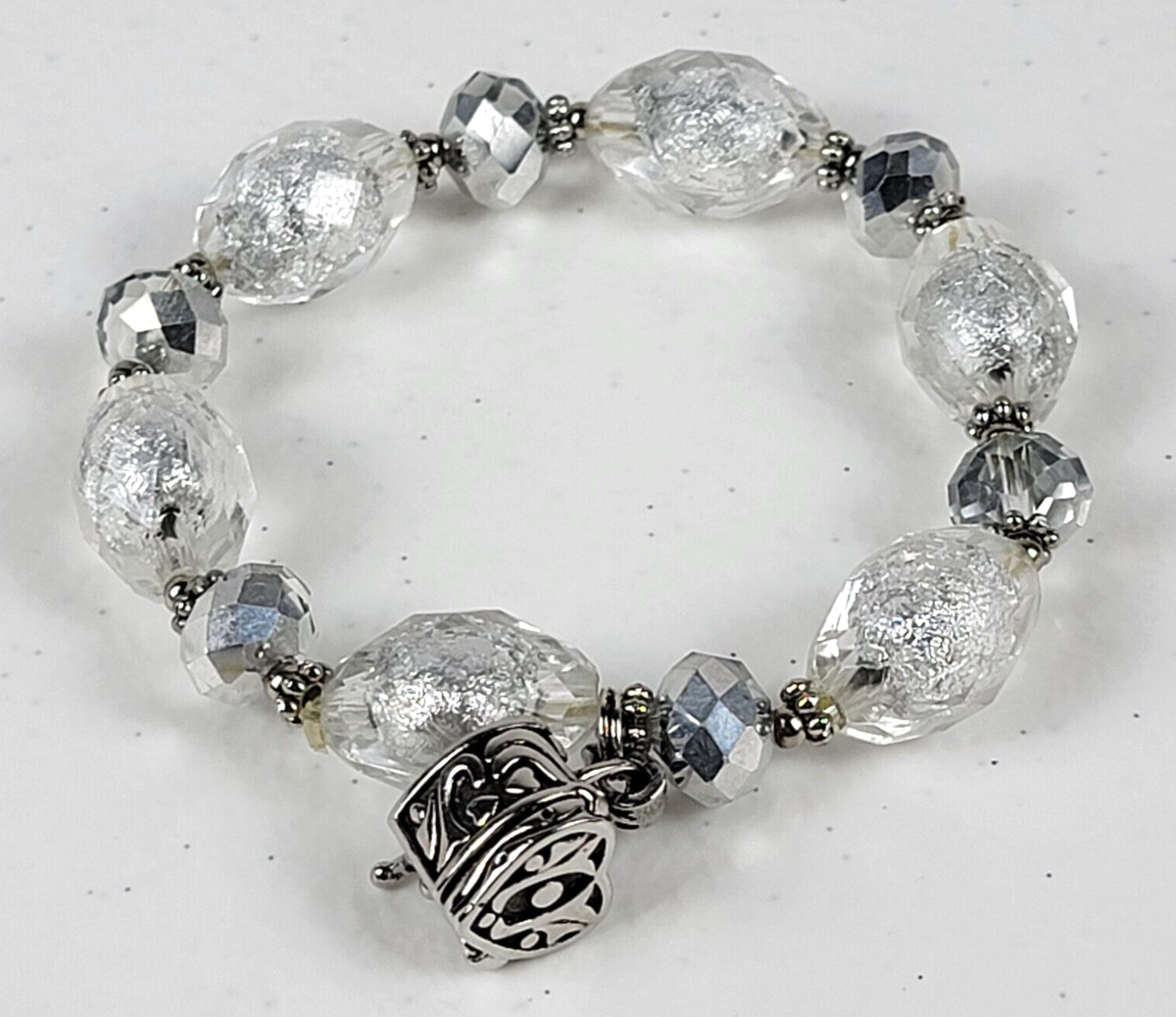 Alexa's Angels Heart Locket Charm Clear Ice Bead Stretch Bracelet