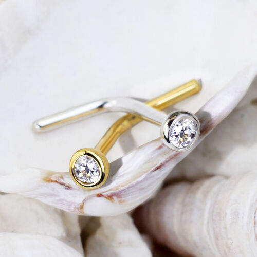 14K Solid White Gold Bezel Set CZ Ball L Bend Nose Stud Ring 20g 1/4" - Picture 2 of 2