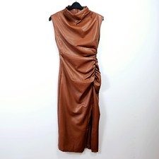 Anthropologie - Ruched Faux Leather Midi Dress - Brown - UK 6