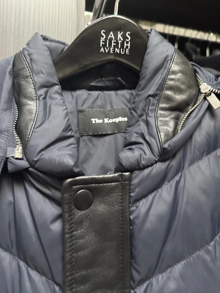 THE KOOPLES Mens Down Quilted Puffer Jacket Coat Leather Trim Navy Small - Image 4 of 4