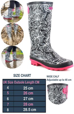 Womens Extra Wide Calf 46cm Adjustable Wellies Festival Ladies Wellington  Boots UK