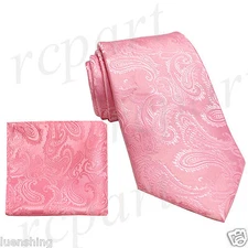 New Brand Q Men's micro fiber Paisley Neck Tie & Hankie Set Pink Prom formal 