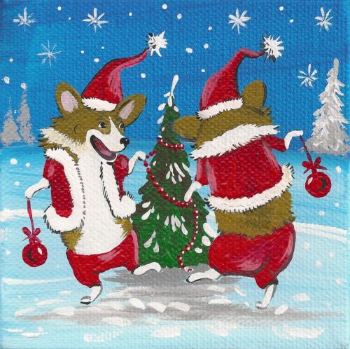 4X4 PRINT OF PAINTING RYTA PEMBROKE WELSH CORGI XMAS TREE GIFT FOLK ART WINTER - Picture 1 of 1