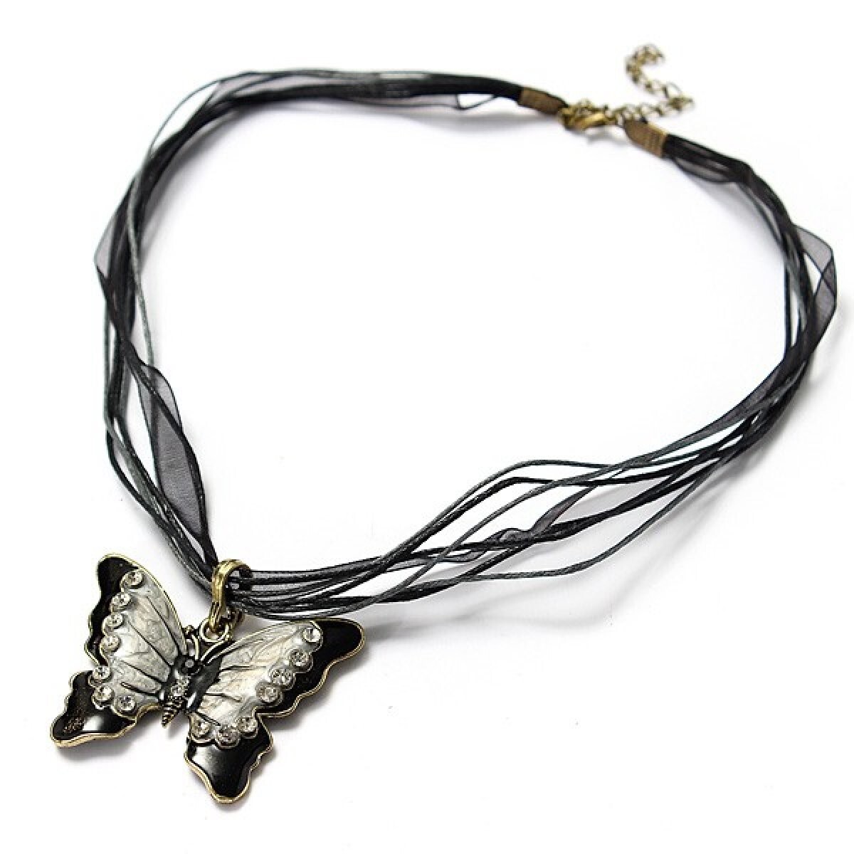 Collier Pendentif Papillon En Métal Argenté - Décor émaillé, Strass Et Pierre, Neuf Avec étiquettes