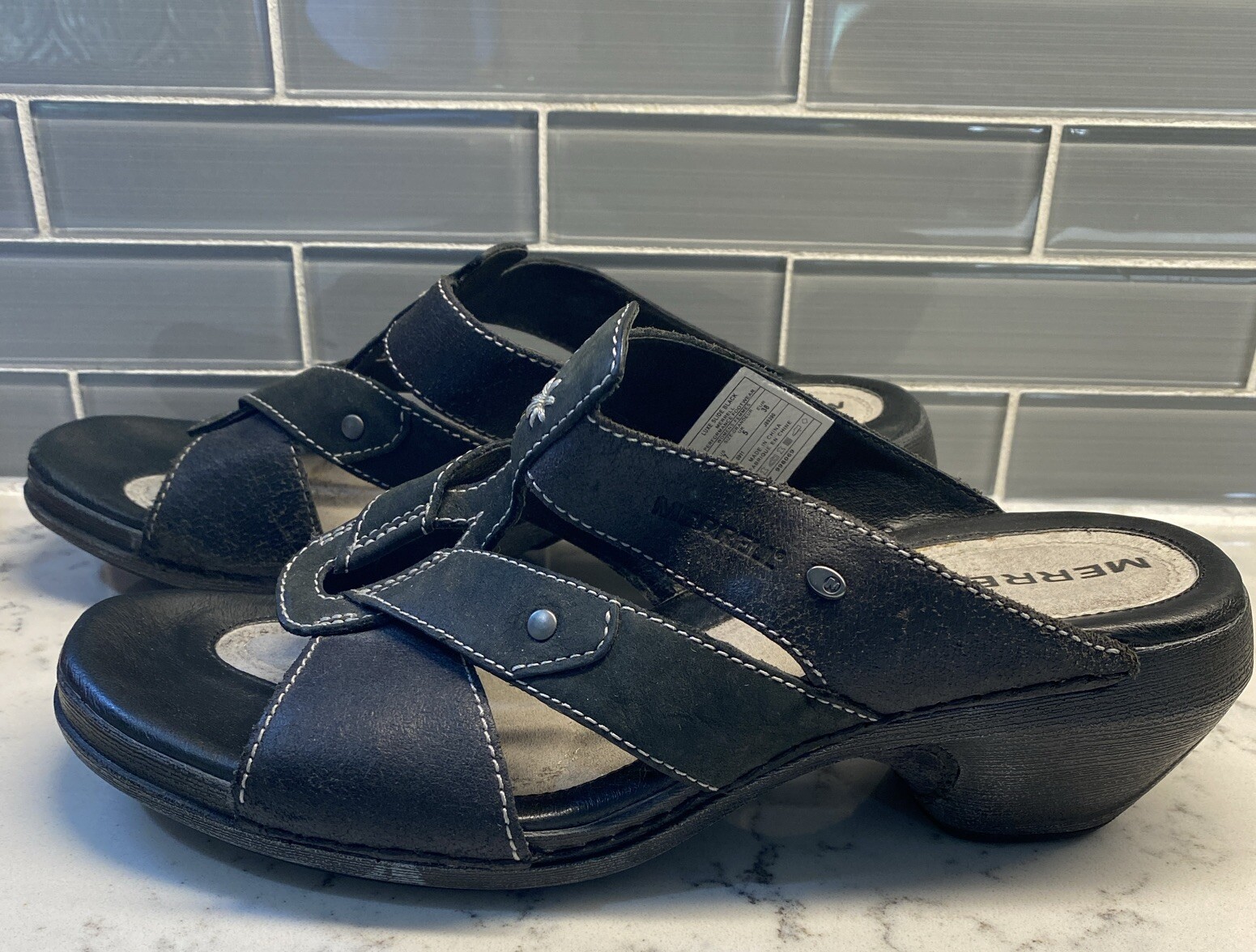 Sandali Merrell donna Y2K grossi neri Luxe slide pelle zoccoli con cinturino US 7