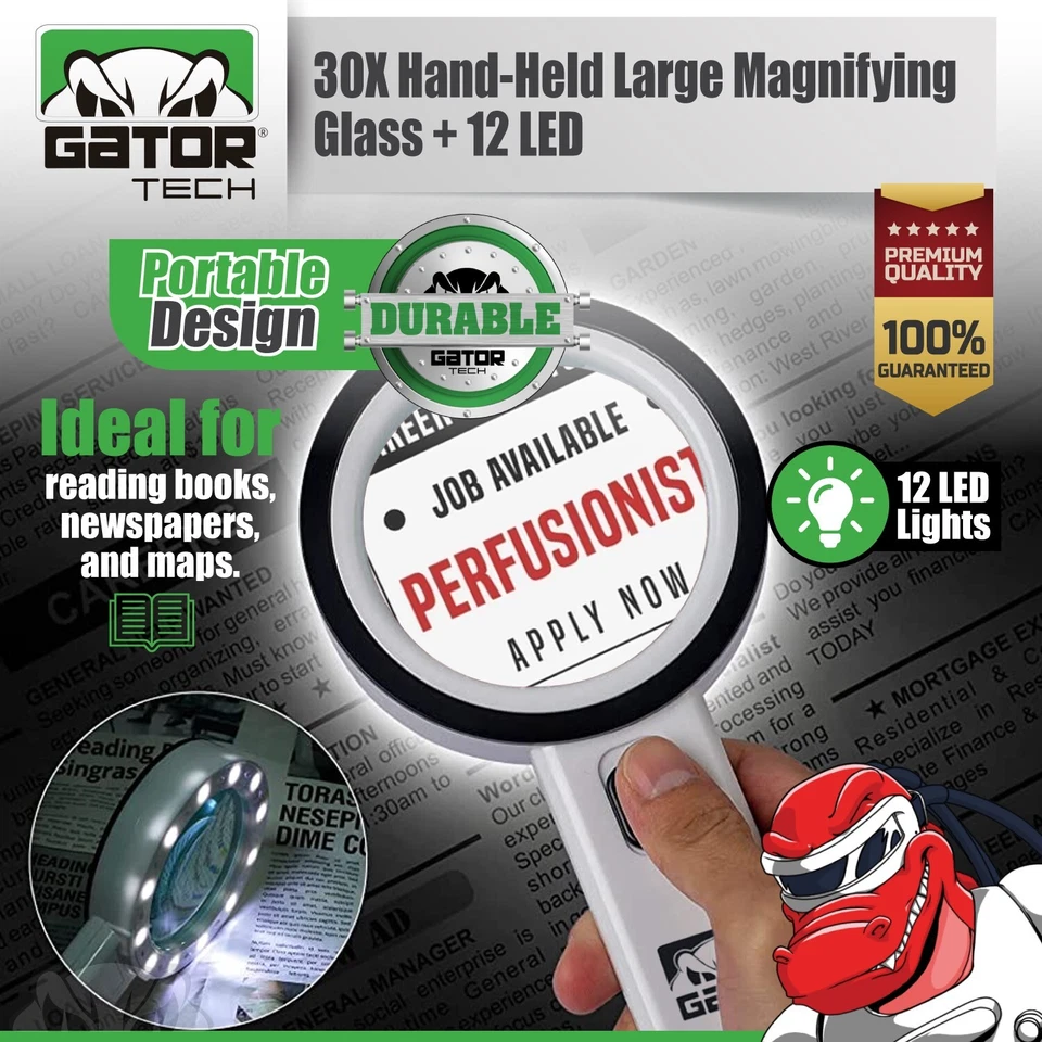 Lupa brilhante LED luz portátil jumbo iluminada 30X lupa grande - Imagem 2 de 4