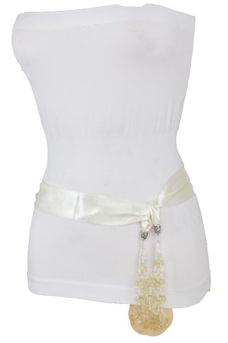 Women Cream Off White Tie Silk Fabric Sash Belt High Waist Hip Tassel Beads XS S - Picture 32 of 36