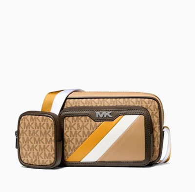小物 Michael kors New Michael Kors Rivington Striped Logo Camera Bag Golden