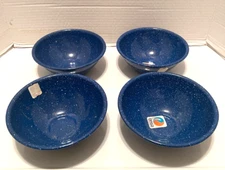 VTG CINSA BLUE ENAMELWARE SET/4 SOUP BOWLS PIER 1  TAGS DEAD STOCK  6 X2