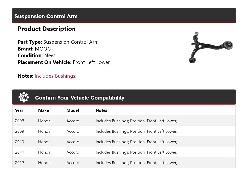 适用于 2008 - 2012 年本田雅阁悬挂控制臂左下 MOOG 2008 — 第 2/4 张图片
