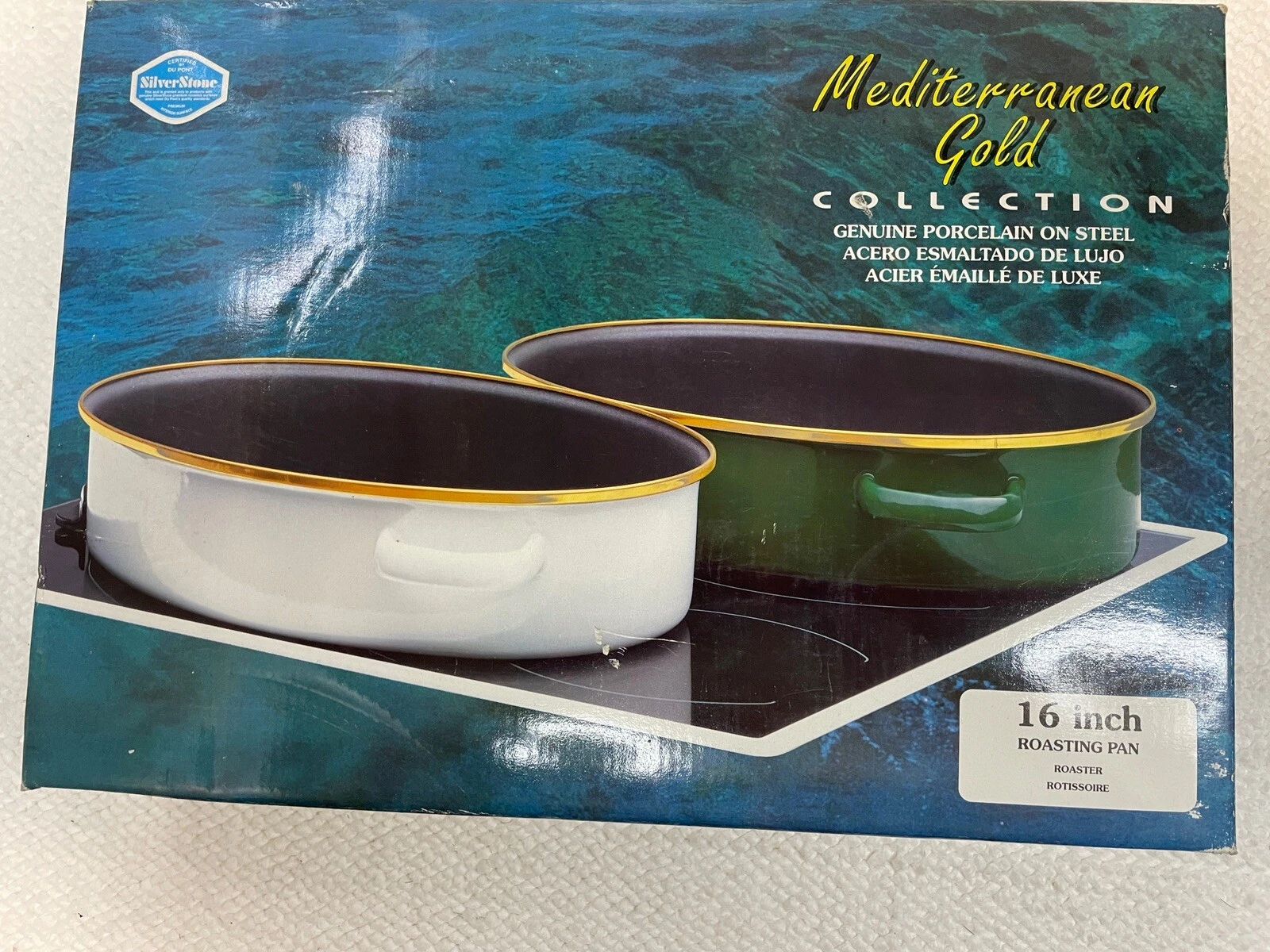 Mediterranean Gold Genuine Porcelain On Steel 16” Roasting Pan Granite White New