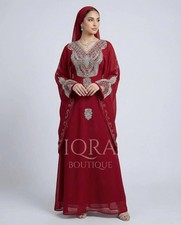 Maroon Silver-Embroidered Moroccan Kaftan   Elegant Dubai Style Abaya