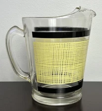 1960s Hazel Atlas Glass Juice Pitcher Yellow Black Burlap Retro Mid Century 8” T