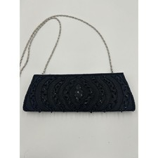 Bijoux Terner Black Beaded Sequin Satin Evening Clutch Bag Silver Chain Strap