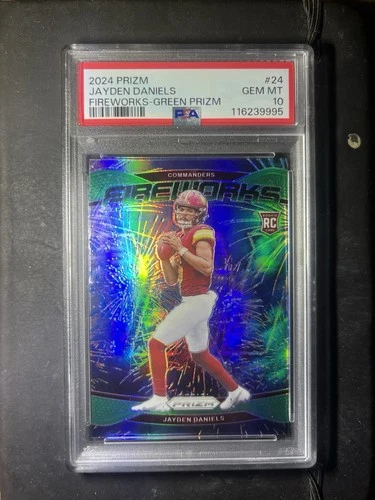 2024 PANINI PRIZM FIREWORKS GREEN PRIZM #24 JAYDEN DANIELS PSA 10