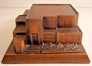 Vintage Souvenir Miniature Metal Building/Coin Bank Waltham Federal (Banthrico)