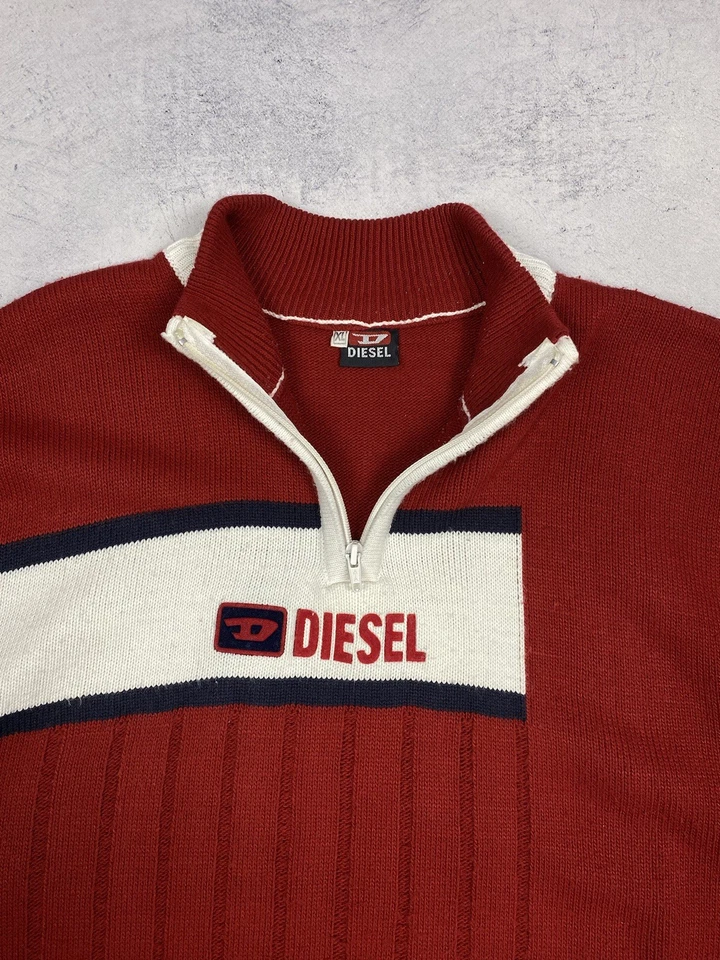 Vintage 90s Diesel Big Logo 1/4 Zip Knit Sweater Jumper Y2K Red  Men's Size XL - Image 4 of 4