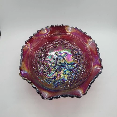 Vintage Carnival Glass Ruby Red Windmill Bowl Ruffled Scalloped Edge