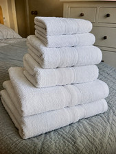 White Cotton 6-Piece Towel Set Ribbed Border Bath & Hand Towels 70x140cm