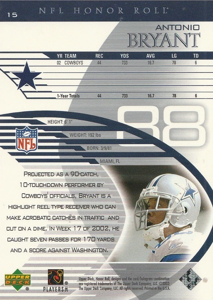 2003 Upper Deck Honor Roll #15 Antonio Bryant - Image 2 of 3