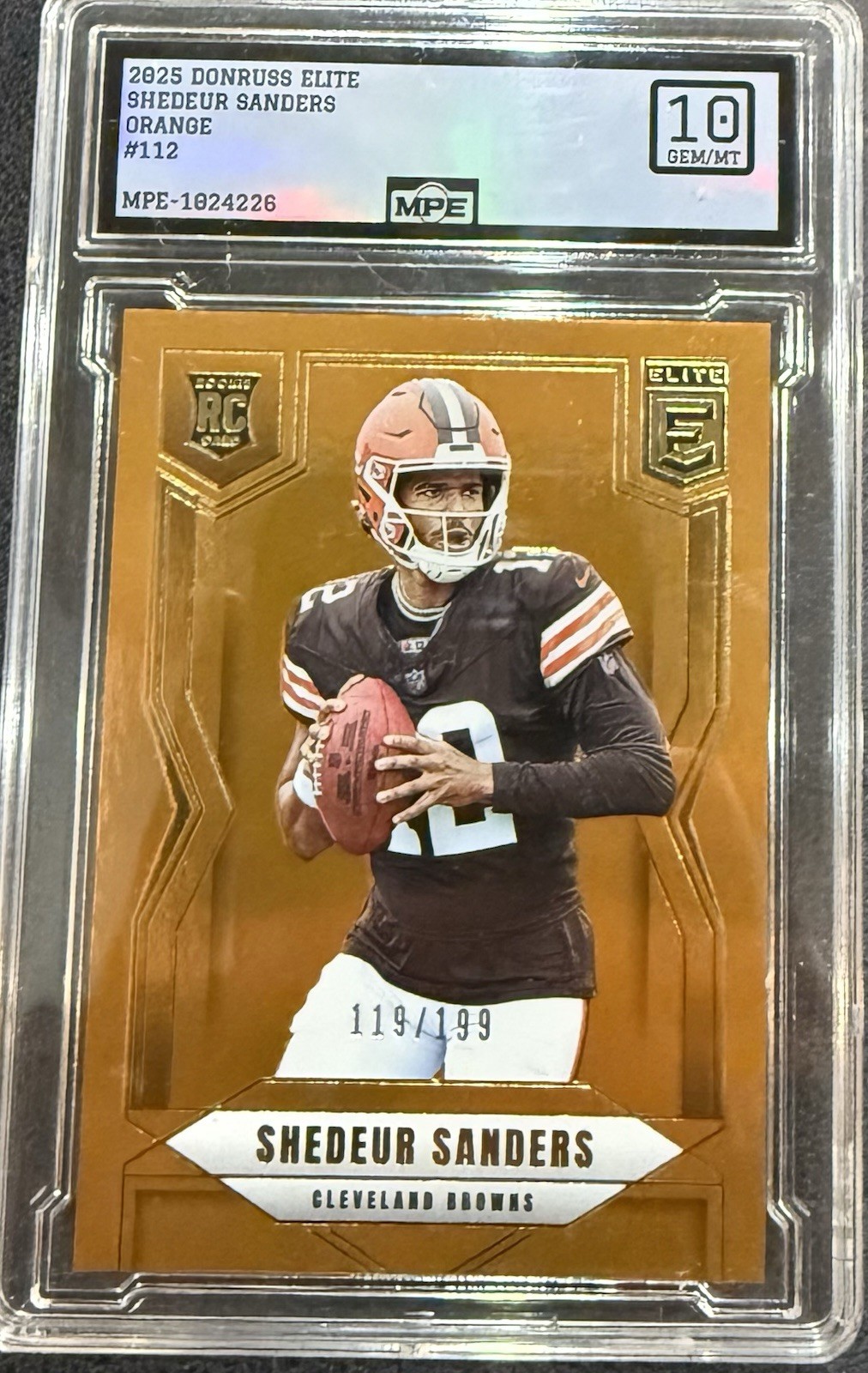 2025 Panini Donruss Elite Shedeur Sanders #112 Orange Foil RC #/199 MPE 10