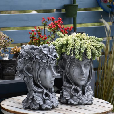 Silicone Mold Concrete Pot Cement Girl Face Flowerpot Planter Mould Plaster