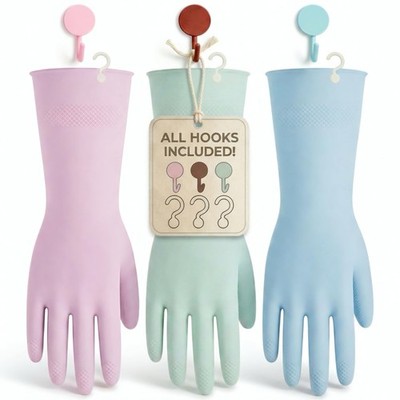 3 Pairs Dishwashing Gloves with Hanging Hooks - Reusable Rubber Cleaning Glov...