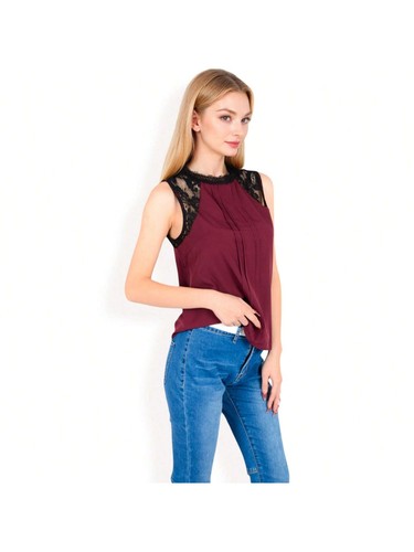 Women's Sleeveless Blouse With Lace Yoke And Pleated Front - Bild 4 von 28