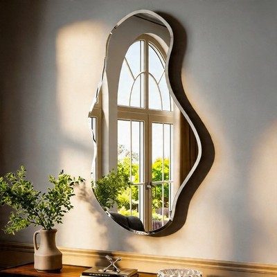 USHOWER 26x46 Irregular Wall Mirror Frameless Wavy Beveled Decorative Mirror