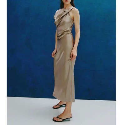 navy blue dress for baby girl Zara Asymmetric Satin Effect Midi Dress Champagne Gold Size Large Party  Prom NWT
