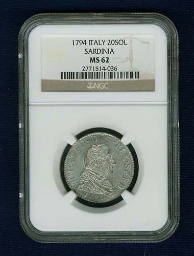ITALY SARDINIA  1794 20 SOLDI COIN, CHOICE AND UNCIRCULATED, NGC CERTIFIED MS62