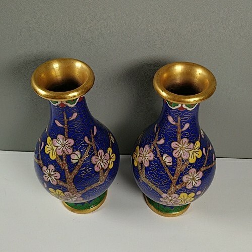 Vintage Chinese Cloisonne Miniature Blue Vase Pair Prunus Metal 10cm tall - Picture 7 of 9