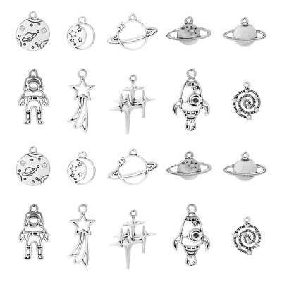 50Pcs Silver Space Charm Universe Planet Moon Star Ship Shape Jewelry Making DIY