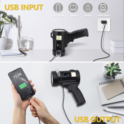 HBN Rechargeable LED Spotlight Flashlight - Handheld, Solar Option, 6500mAh, Super Bright
