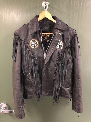 Men And Women’s Hudson Leather black fringe motorcycle jacket Size M